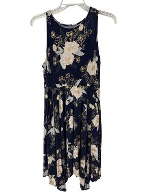 Sleeveless Navy Floral Midi Dress with Cream Blooms